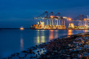 Port Klang harbour in Malaysia at night
